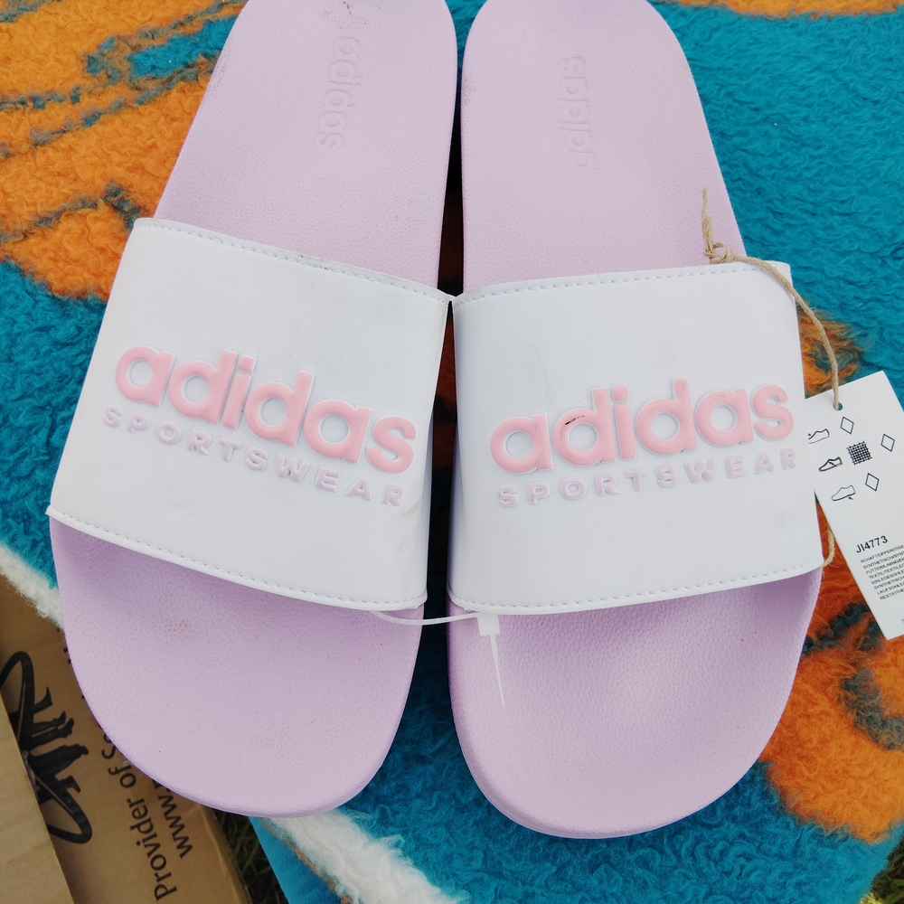 Adidas White & Lilac Slide Sandals with Pink Logo